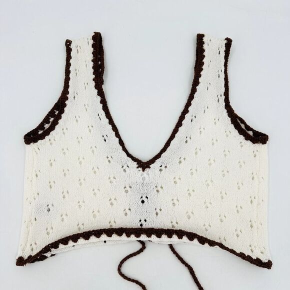 Sage the Label Knit Crochet Crop Bralette Top White Brown Contrast Size Small - Picture 2 of 5